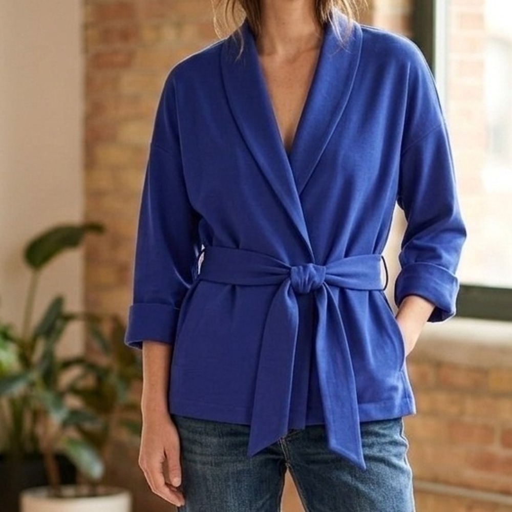 Natori Blue Kimono Wrap Jacket Shawl Collar 3X Modern Outerwear Minimalist Top
